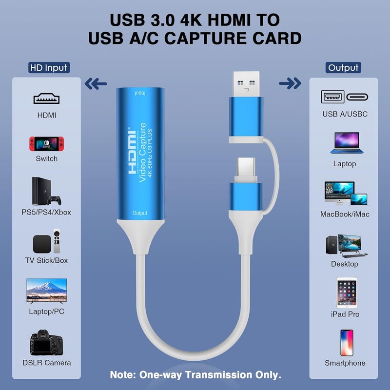 Dbilida HDMI Video Capture Card 4K 60Hz Output, HDMI to USB 3.0 A and USB C Capture Card for Camera/Xbox/PS5/4/PC/OBS/Switch 2 - Image 3